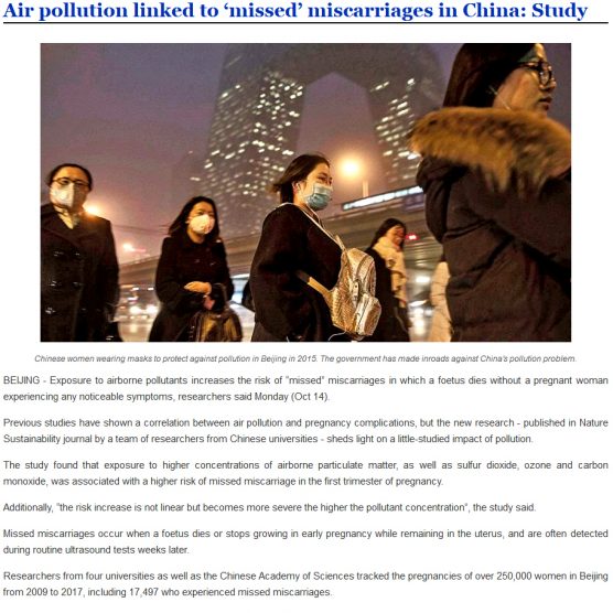 Air pollution linked to 'missed' miscarriages in china: Study