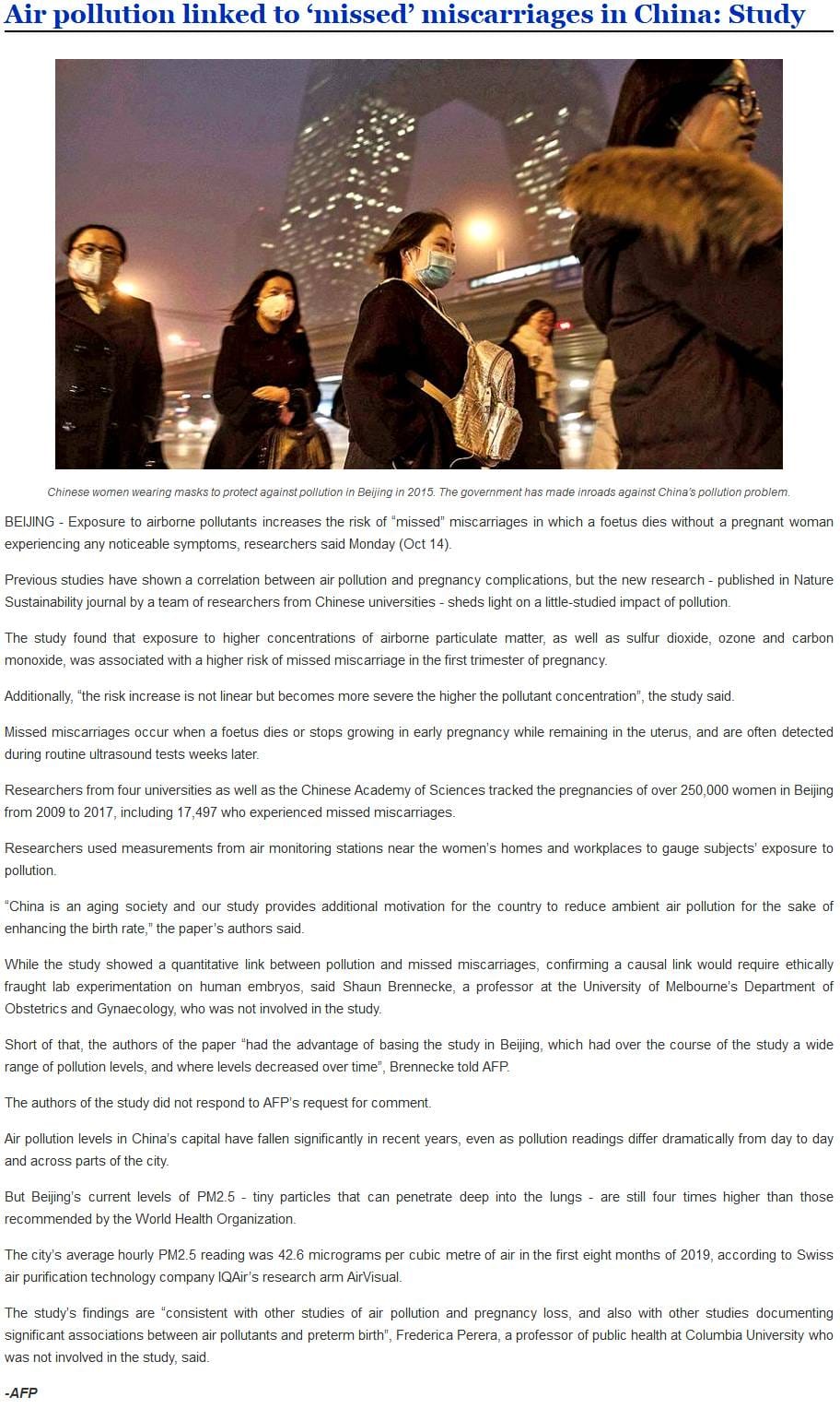 Air pollution linked to ‘missed’ miscarriages in china: Study